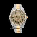 Green Roman Numerals Yellow Dial Two Tone Iced Out Moissanite Watch