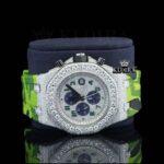 Green Rubber Strap Silver Dial Iced Out Moissanite Diamond Watch Close Up Front View