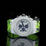 Green Rubber Strap Silver Dial Iced Out Moissanite Diamond Watch