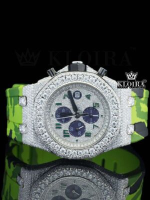 Green Rubber Strap Silver Dial Iced Out Moissanite Diamond Watch