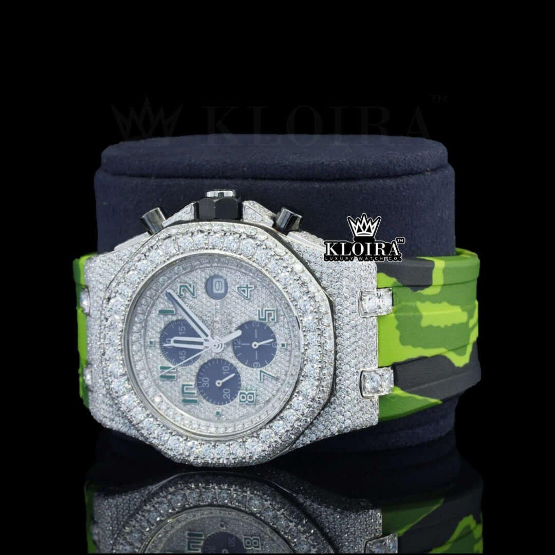 Green Rubber Strap Silver Dial Iced Out Moissanite Diamond Watch Left Profile View
