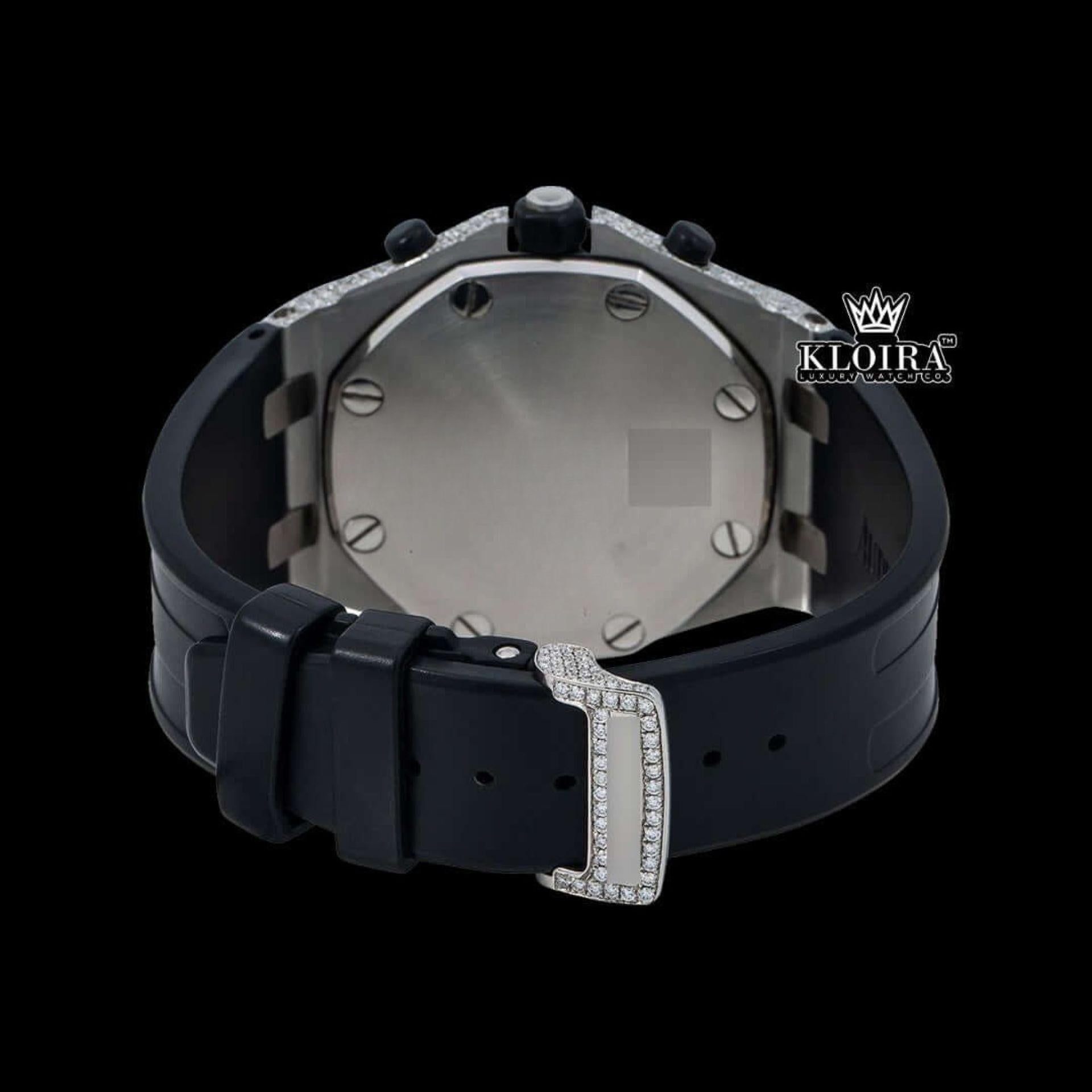 Iced Out Bezel Black Dial Rubber Strap Moissanite Diamond Watch Caseback View