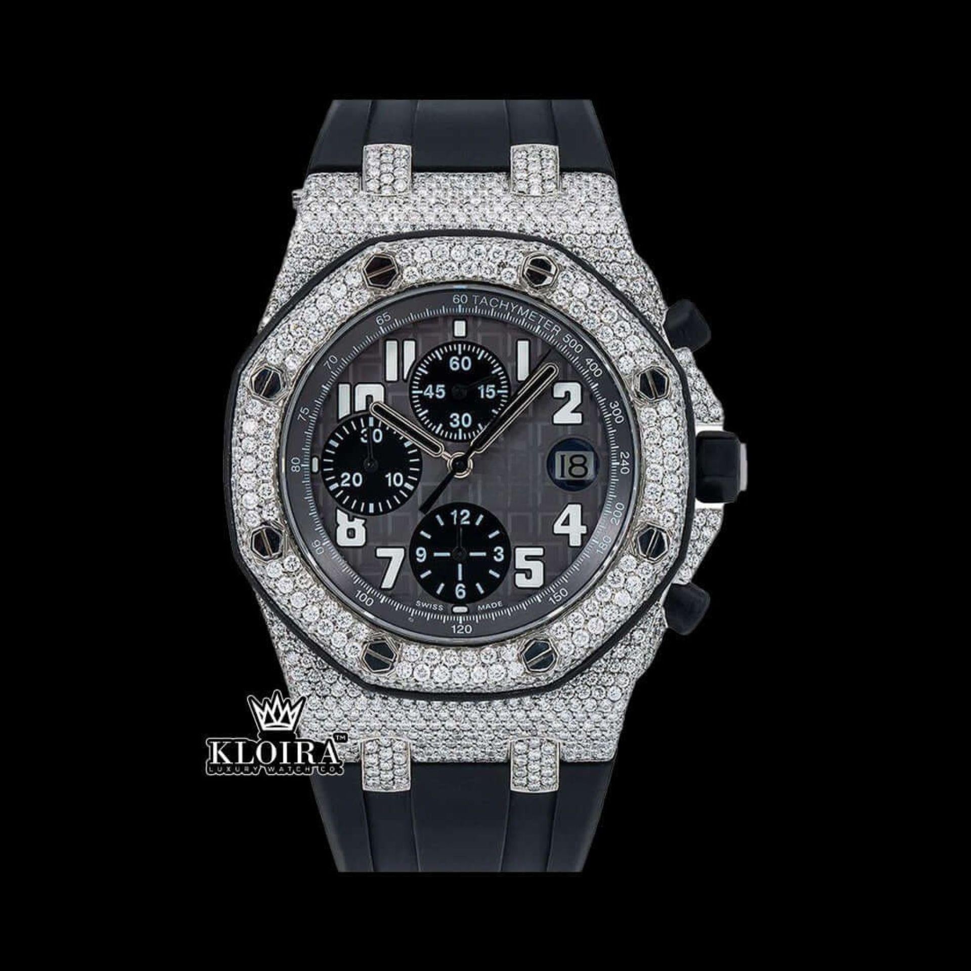 Iced Out Bezel Black Dial Rubber Strap Moissanite Diamond Watch Front View