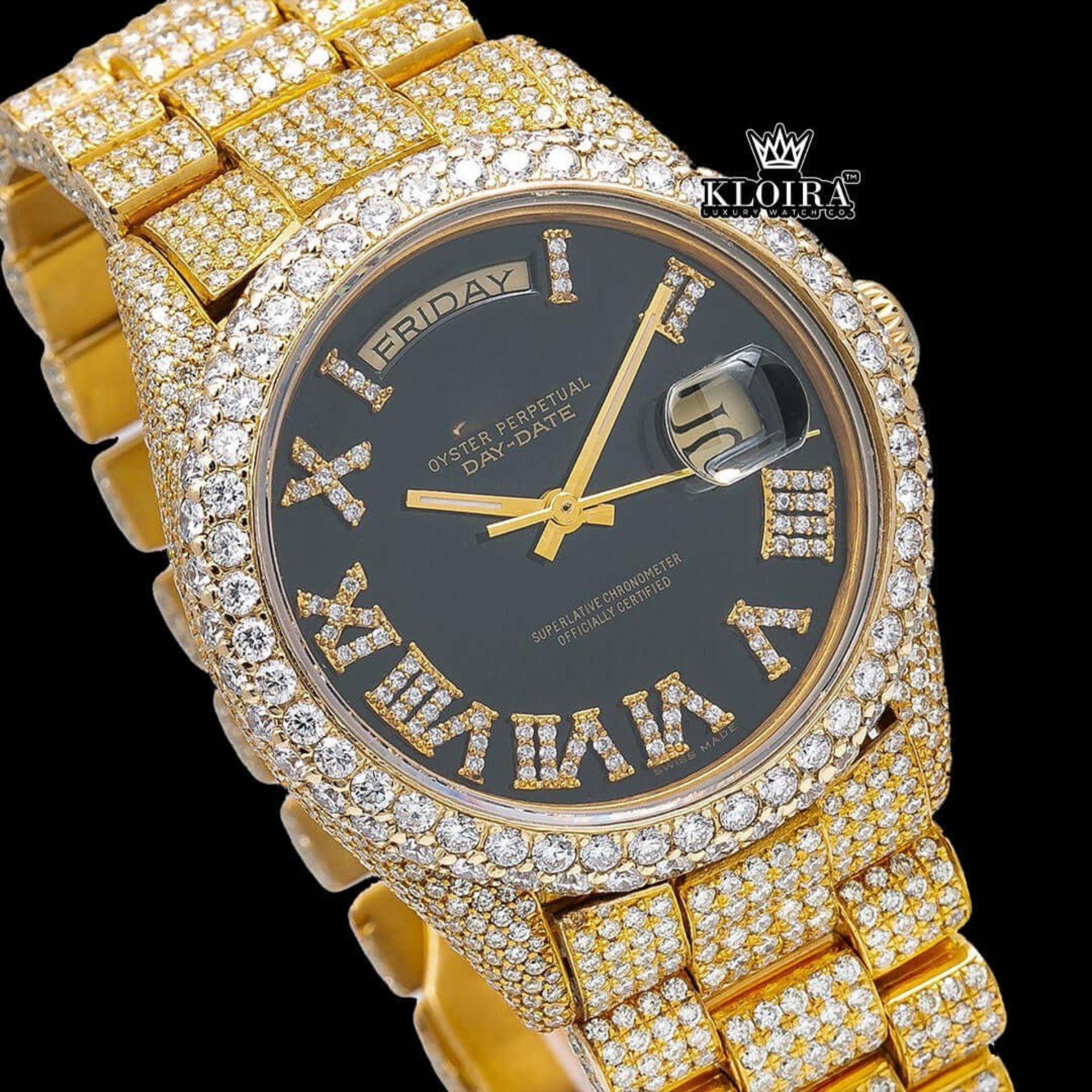 Iced Out Black Dial Roman Numerals Moissanite Diamond Watch Close Up Dial View
