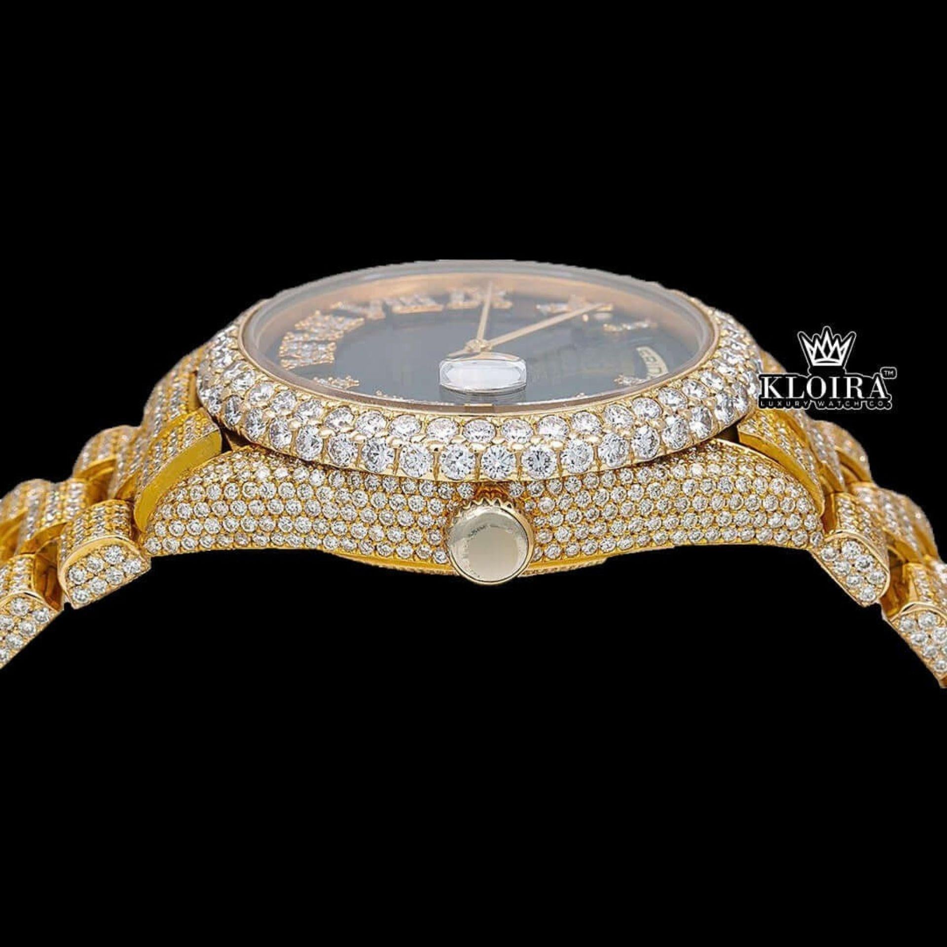 Iced Out Black Dial Roman Numerals Moissanite Diamond Watch Crown View