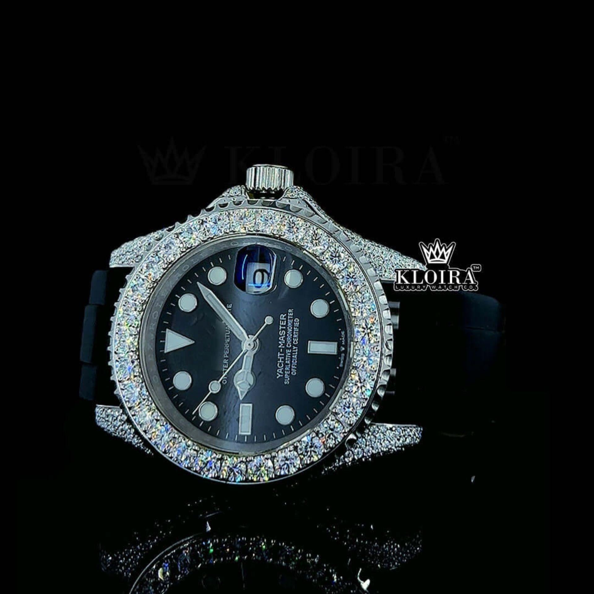 Iced Out Black Dial Rubber Strap Moissanite Diamond Watch Left Profile View