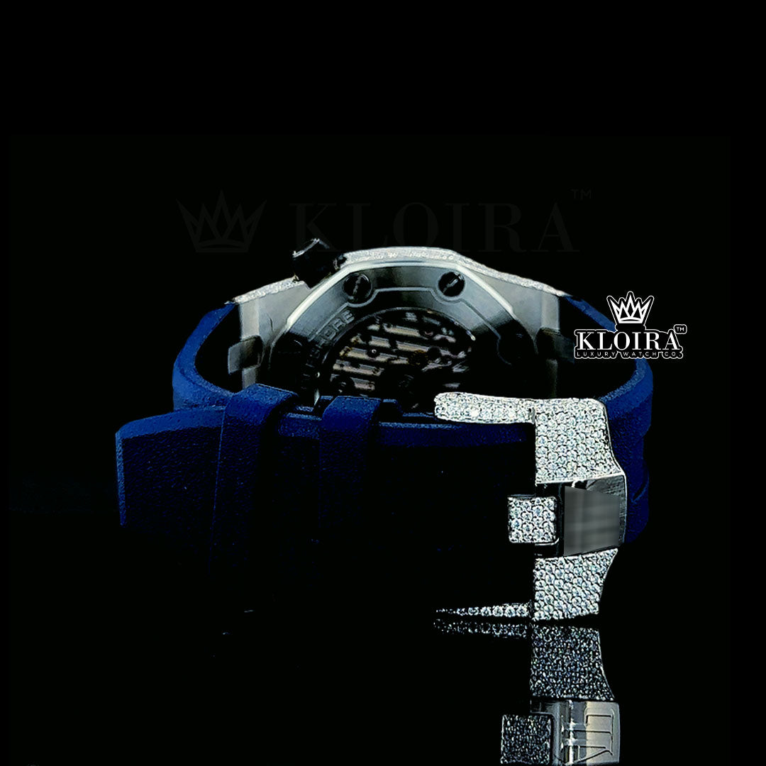 Iced Out Blue Date Display Dial Rubber Strap Moissanite Diamond Watch Caseback View