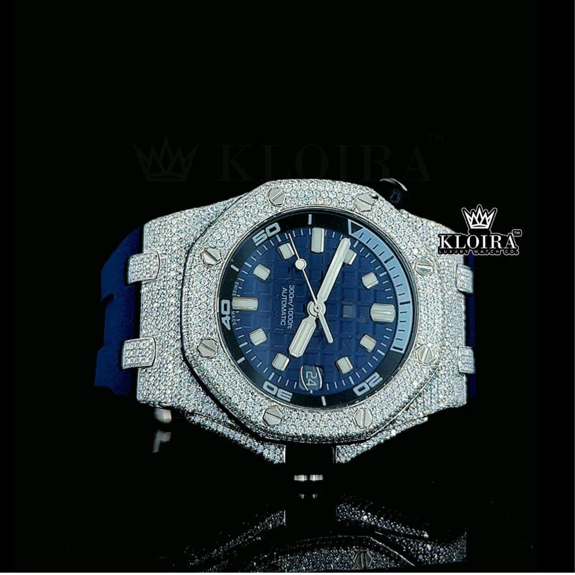 Iced Out Blue Date Display Dial Rubber Strap Moissanite Diamond Watch Front View