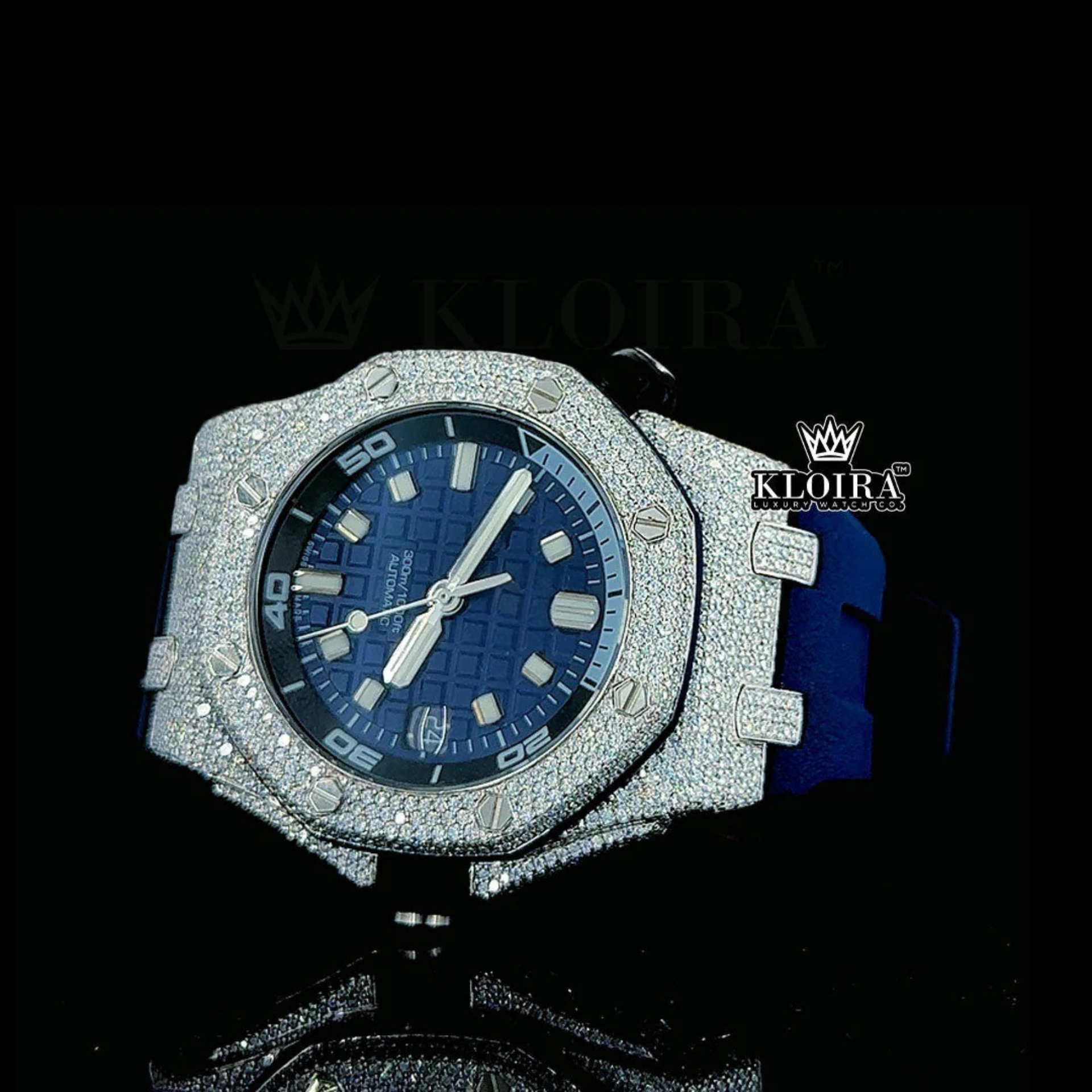 Iced Out Blue Date Display Dial Rubber Strap Moissanite Diamond Watch Left Profile View