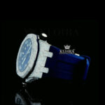 Iced Out Blue Date Display Dial Rubber Strap Moissanite Diamond Watch Left Side View