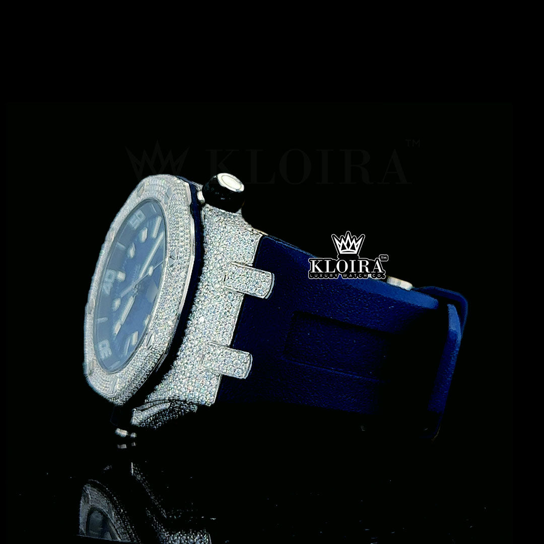 Iced Out Blue Date Display Dial Rubber Strap Moissanite Diamond Watch Left Side View