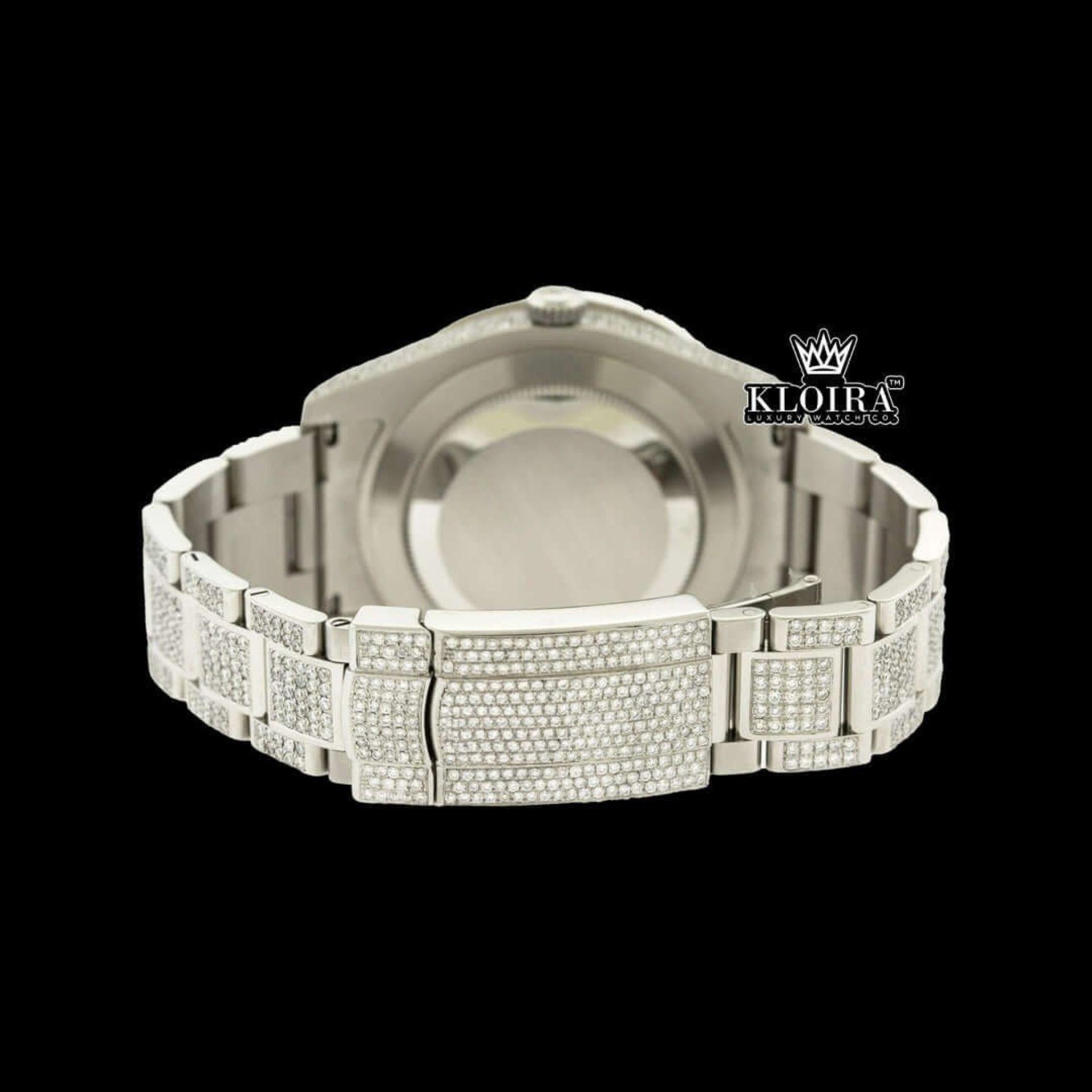 Iced Out Blue Roman Numerals White Gold Dial Moissanite Diamond Watch Caseback View