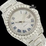 Iced Out Blue Roman Numerals White Gold Dial Moissanite Diamond Watch Close Up Dial View