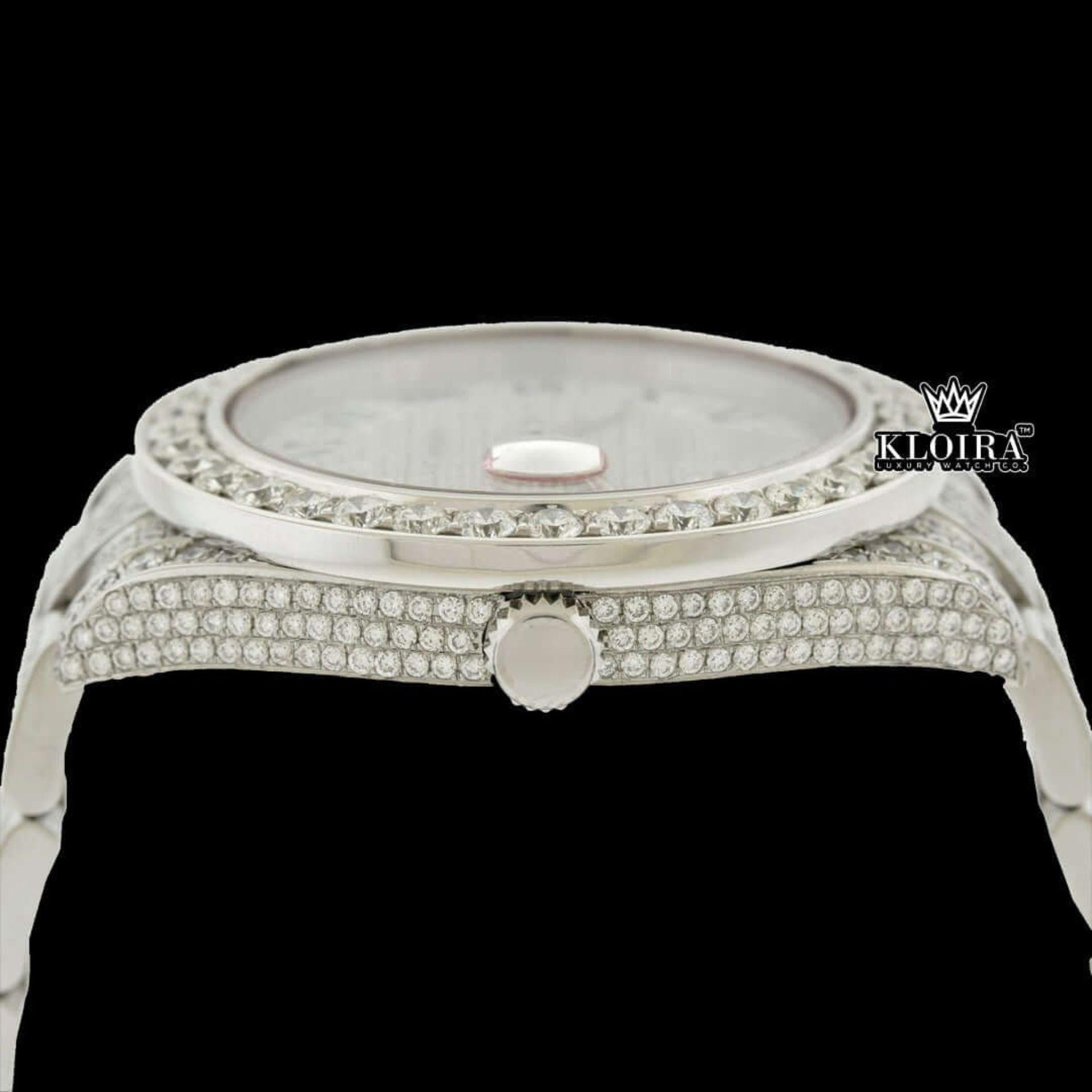 Iced Out Blue Roman Numerals White Gold Dial Moissanite Diamond Watch Crown View