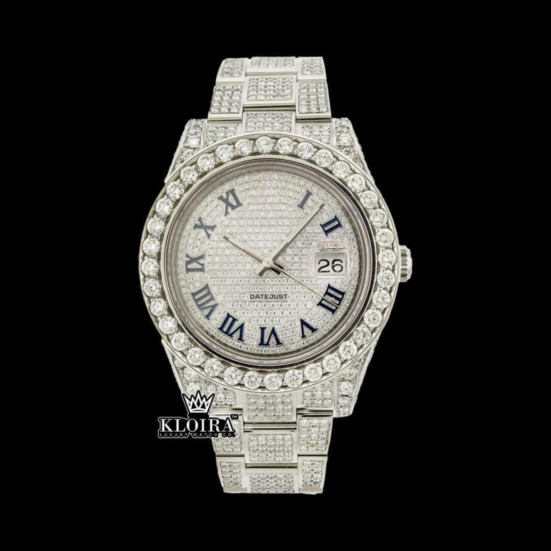 Iced Out Blue Roman Numerals White Gold Dial Moissanite Diamond Watch Front View