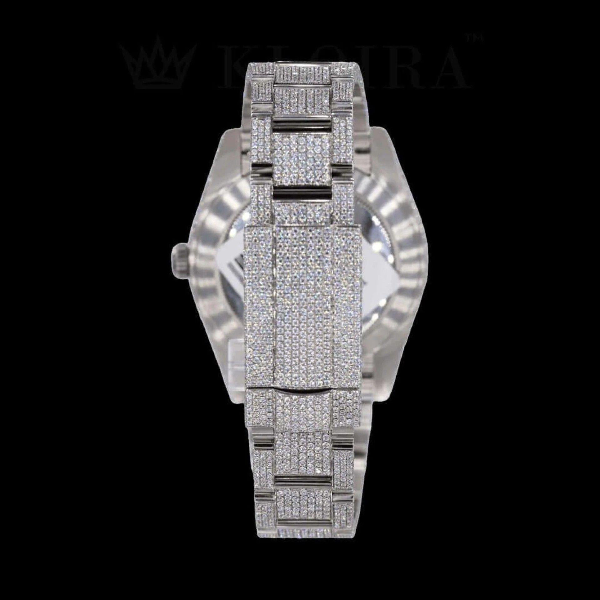 Iced Out Date Display Stick Dial Moissanite Diamond Watch Caseback View