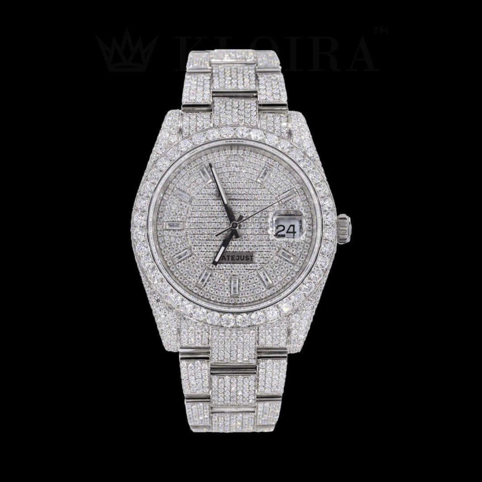Iced Out Date Display Stick Dial Moissanite Diamond Watch Front View