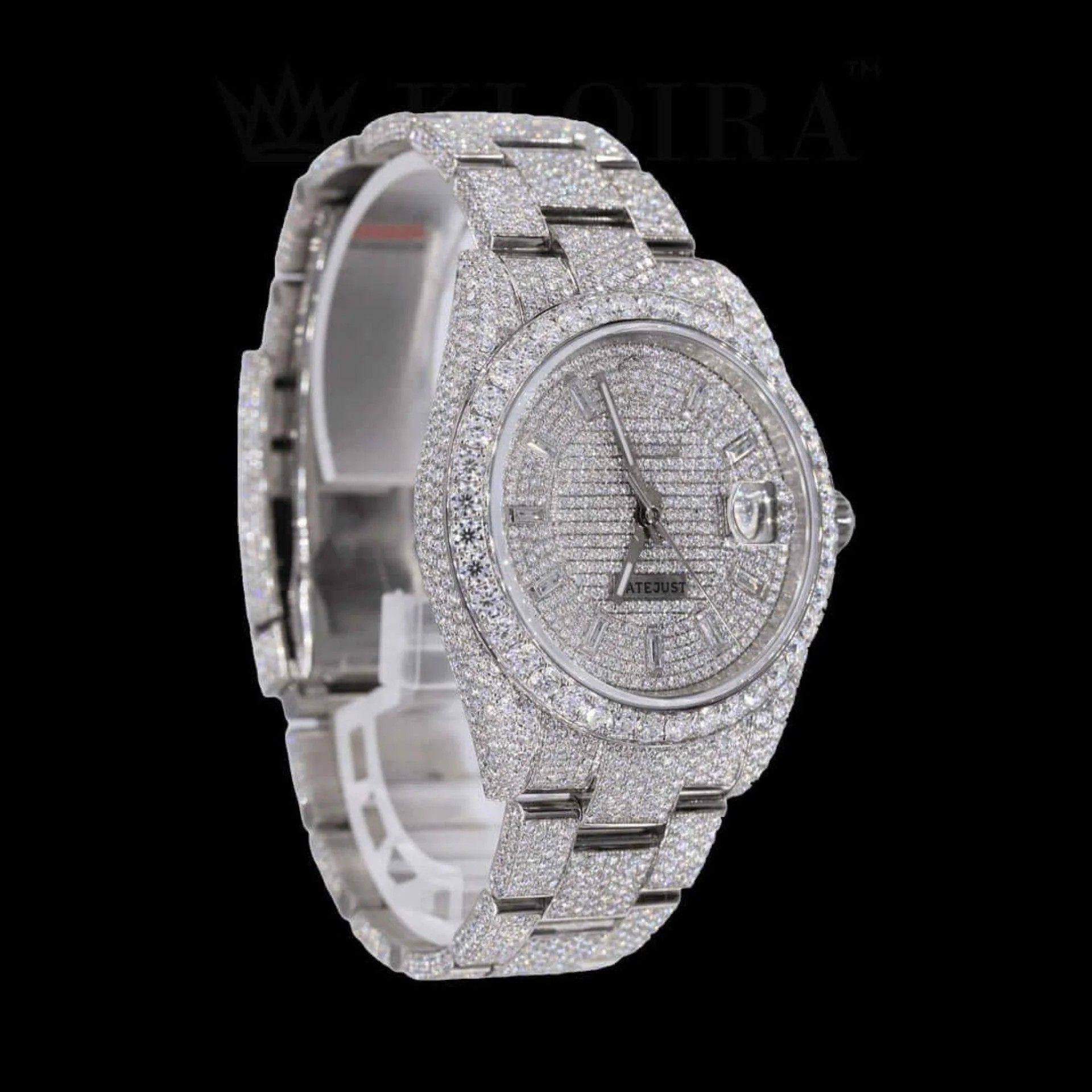 Iced Out Date Display Stick Dial Moissanite Diamond Watch Left Profile View