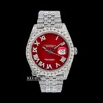 Iced Out Red Dial Roman Numerals Moissanite Diamond Watch