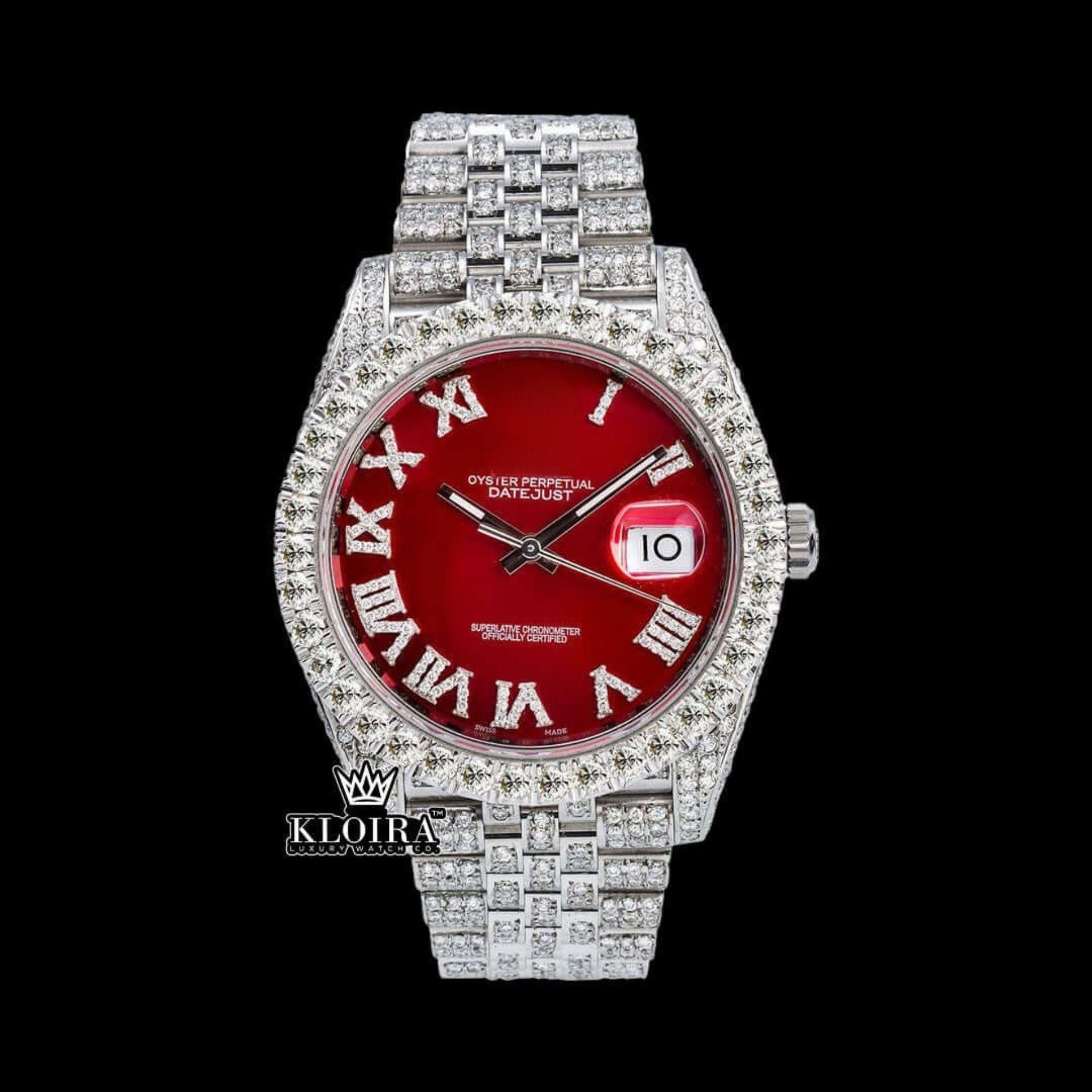 Iced Out Red Dial Roman Numeral Moissanite Diamond Watch Front View
