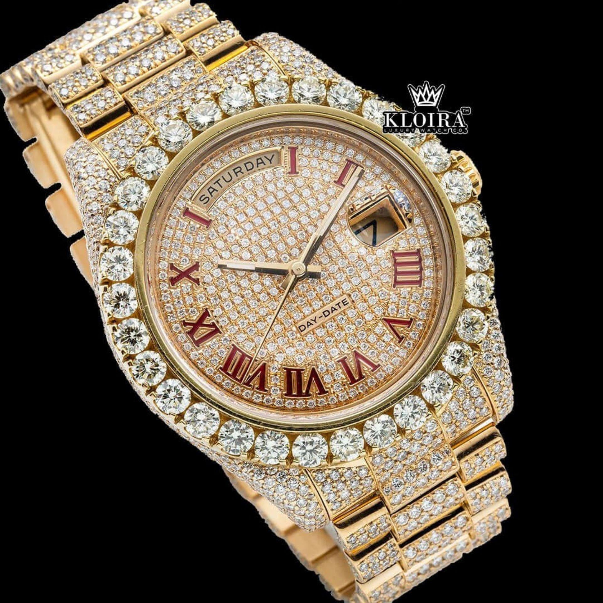 Iced Out Red Roman Numeral Ywllow Dial Moissanite Diamond Watch Close Up Front View