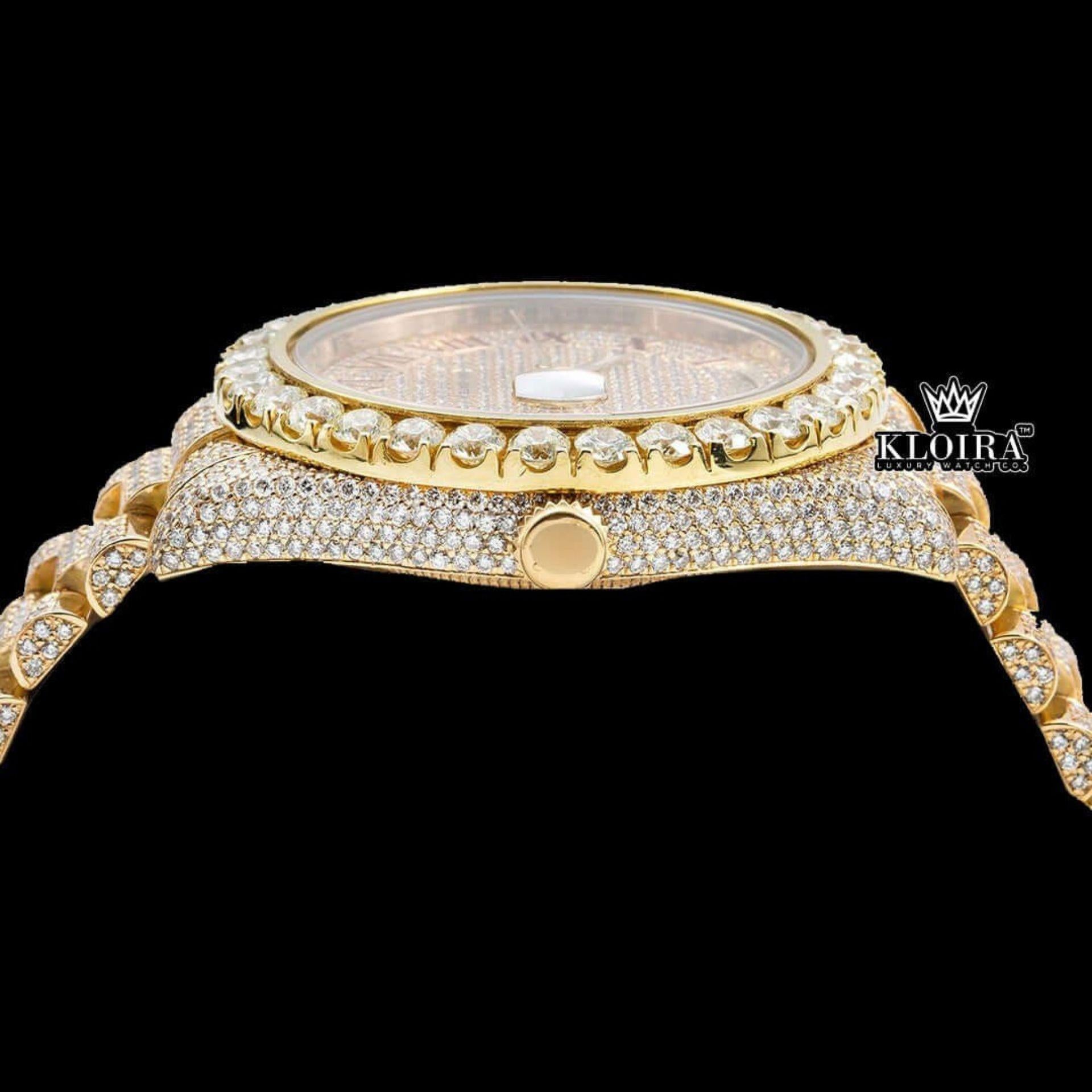 Iced Out Red Roman Numeral Ywllow Dial Moissanite Diamond Watch Crown View