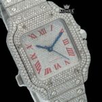 Iced Out Red Roman Numerals White Dial Moissanite Diamond Watch Close Up Dial View