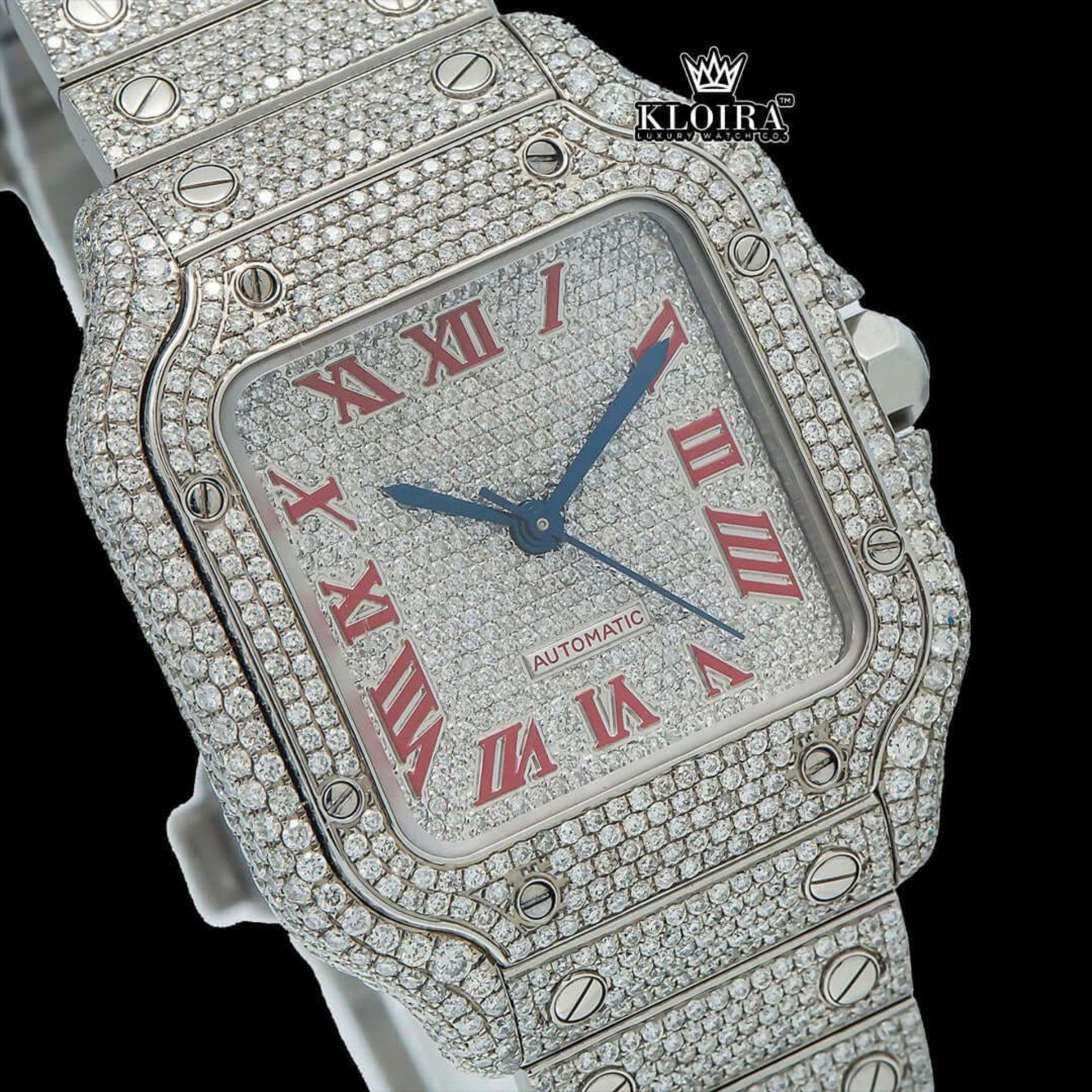 Iced Out Red Roman Numerals White Dial Moissanite Diamond Watch Close Up Dial View