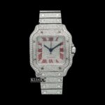 Iced Out Red Roman Numerals White Dial Moissanite Diamond Watch