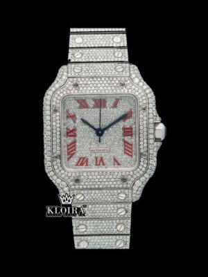 Iced Out Red Roman Numerals White Dial Moissanite Diamond Watch