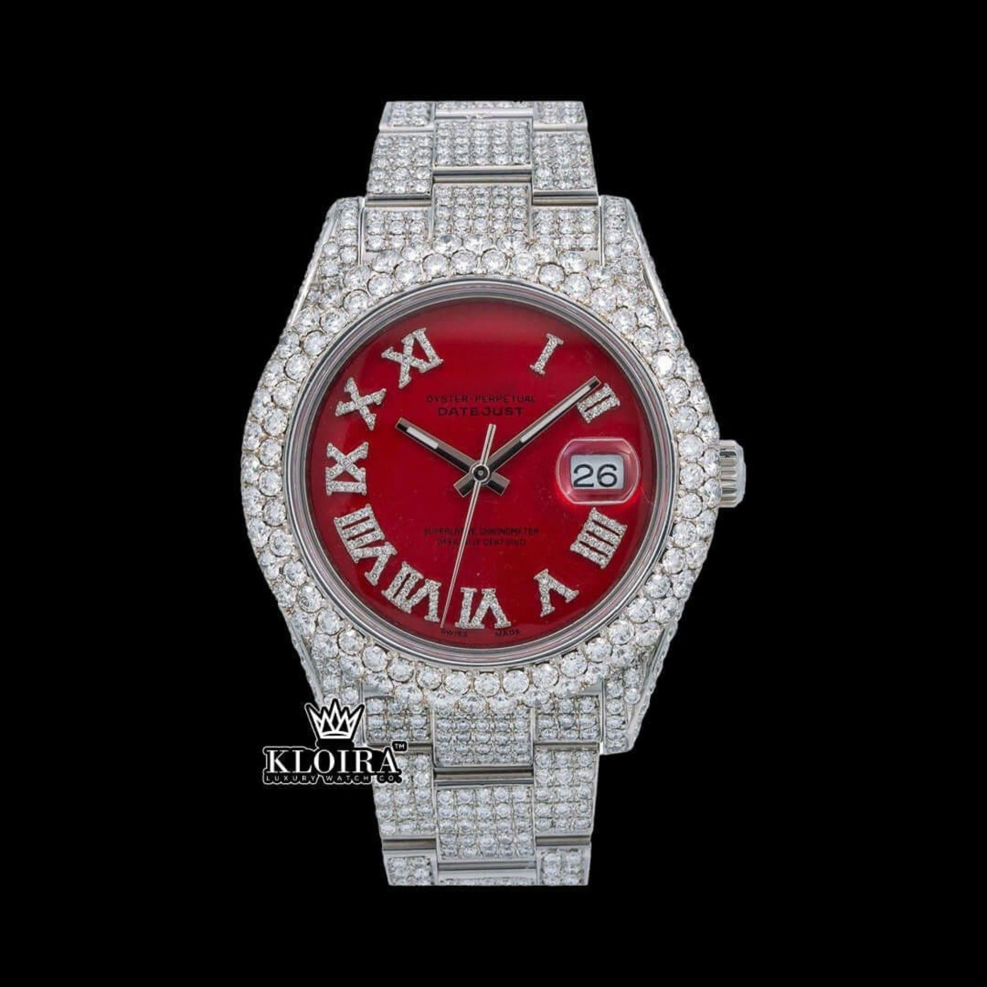 Iced Out Roman Numeral Red Dial Moissanite Diamond Watch Front View