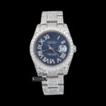 Iced Out Roman Numerals Blue Dial Moissanite Diamond Watch