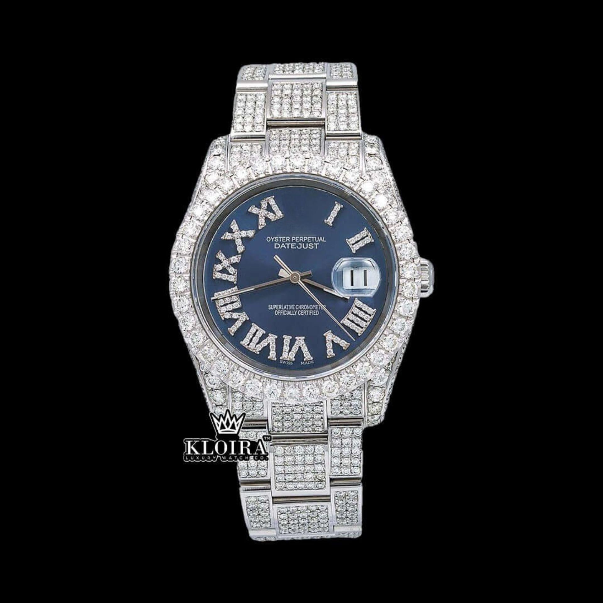 Iced Out Roman Numerals Blue Dial Moissanite Diamond Watch Front View