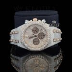 Iced Out Rose Gold Dial Chronograph Diamond Markers Moissanite Watch Close Up Front View