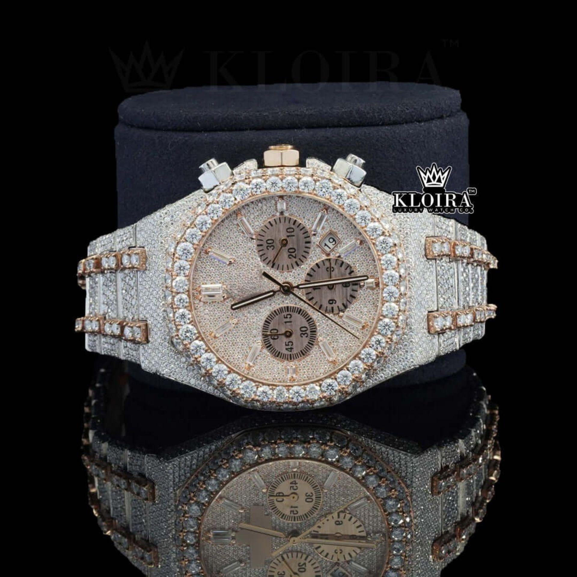 Iced Out Rose Gold Dial Chronograph Diamond Markers Moissanite Watch Close Up Front View