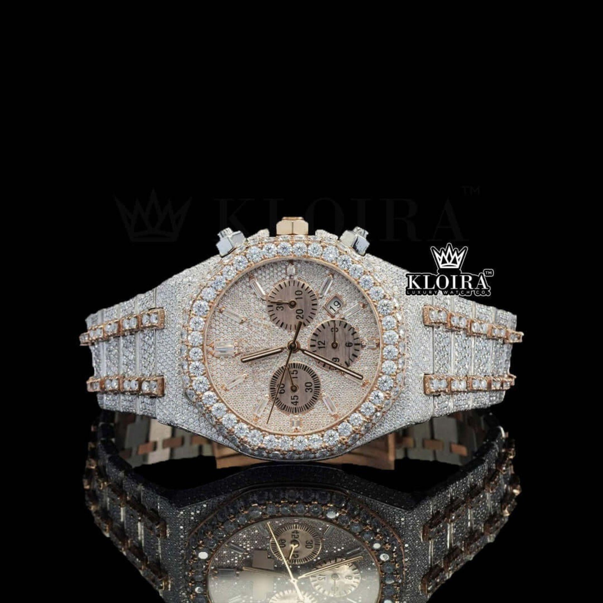 Iced Out Rose Gold Dial Chronograph Diamond Markers Moissanite Watch Front View