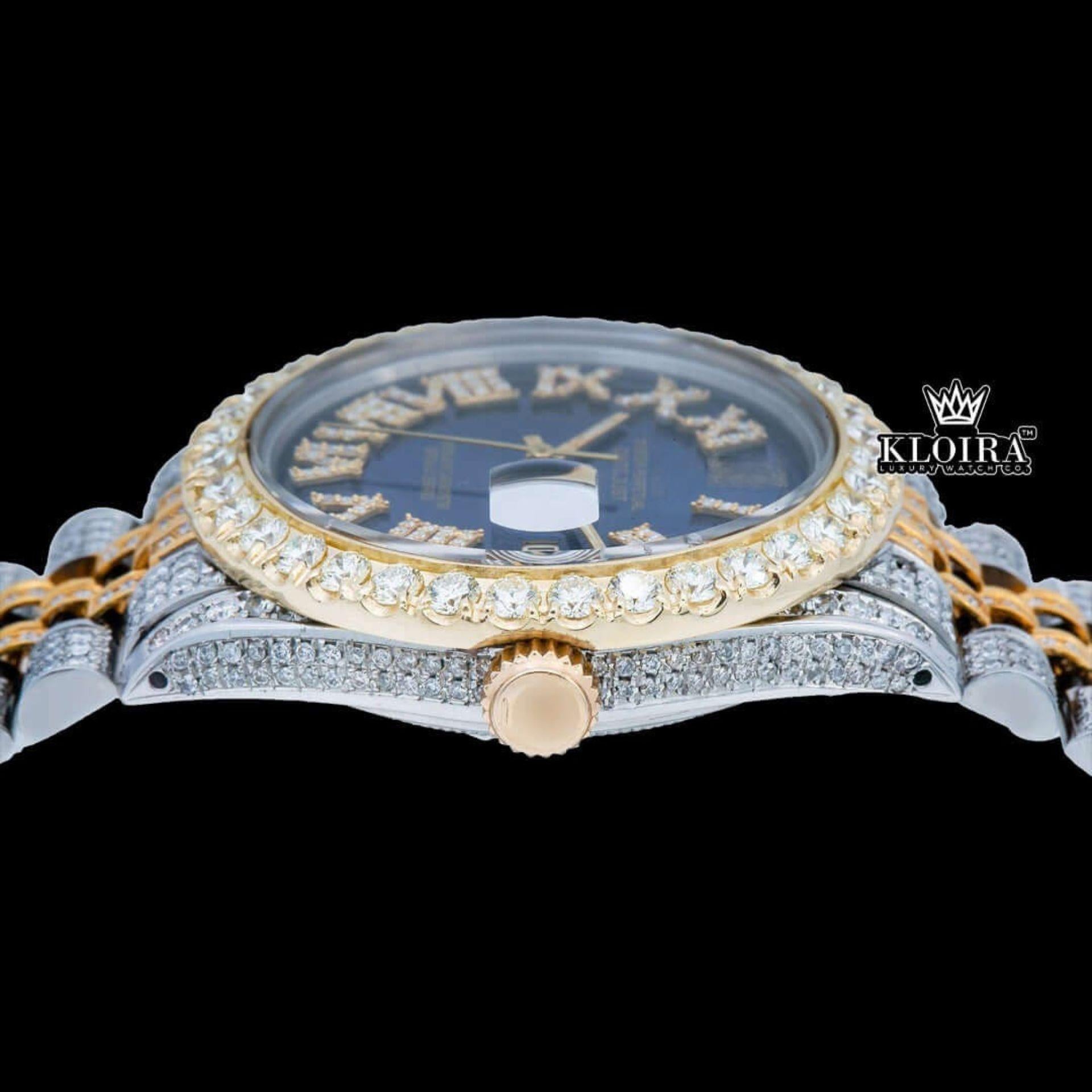Iced Out Two Tone Roman Numerals Blue Dial Moissanite Diamond Watch