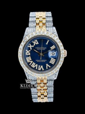 Iced Out Two Tone Roman Numerals Blue Dial Moissanite Diamond Watch