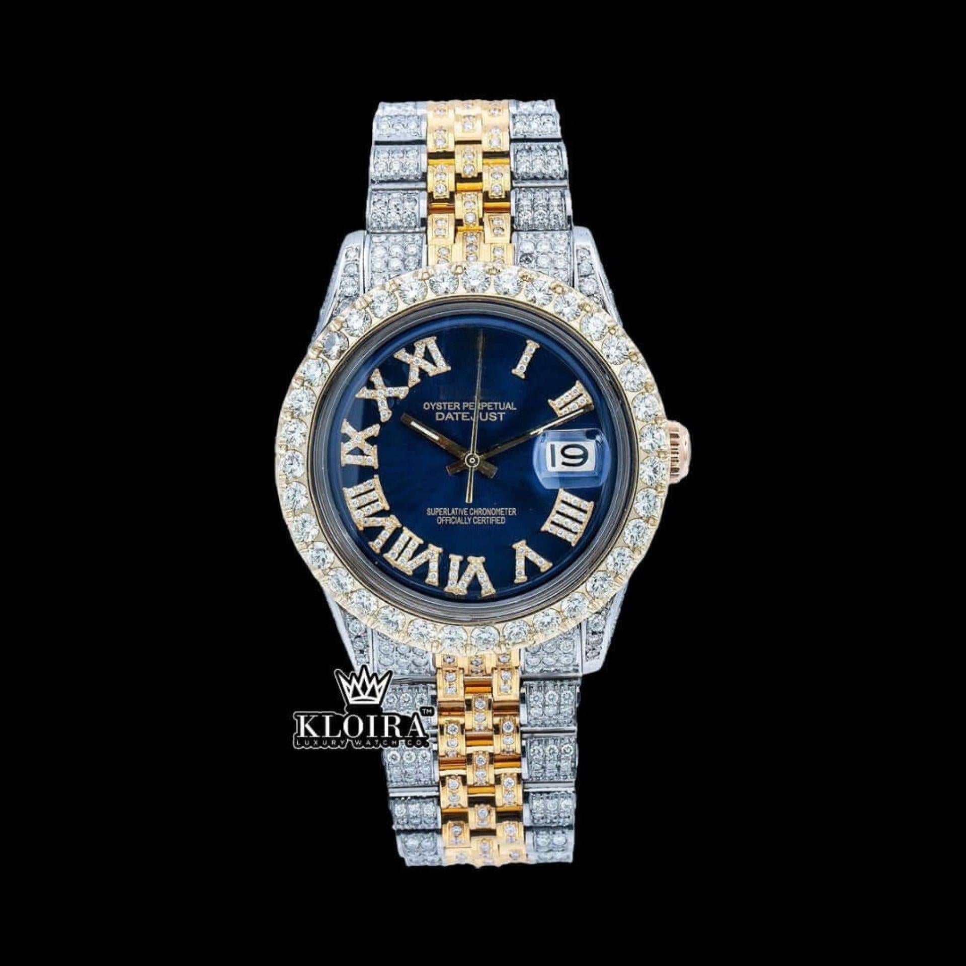 Iced Out Two Tone Roman Numerals Blue Dial Moissanite Diamond Watch Front View
