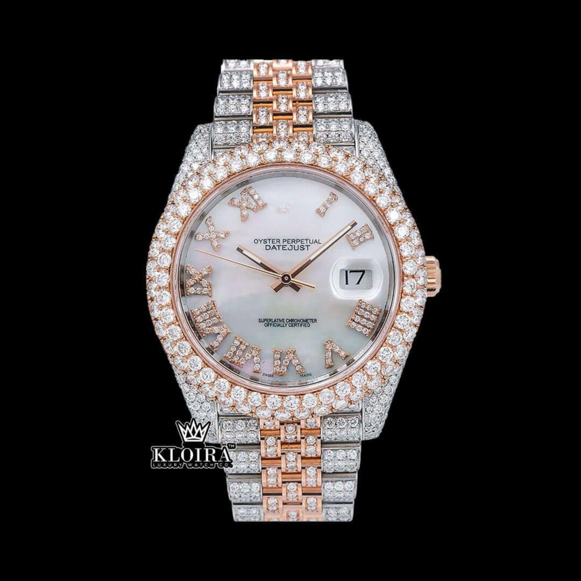Iced Out Two Tone Rose Gold Dial Roman Numeral Moissanite Watch Front View