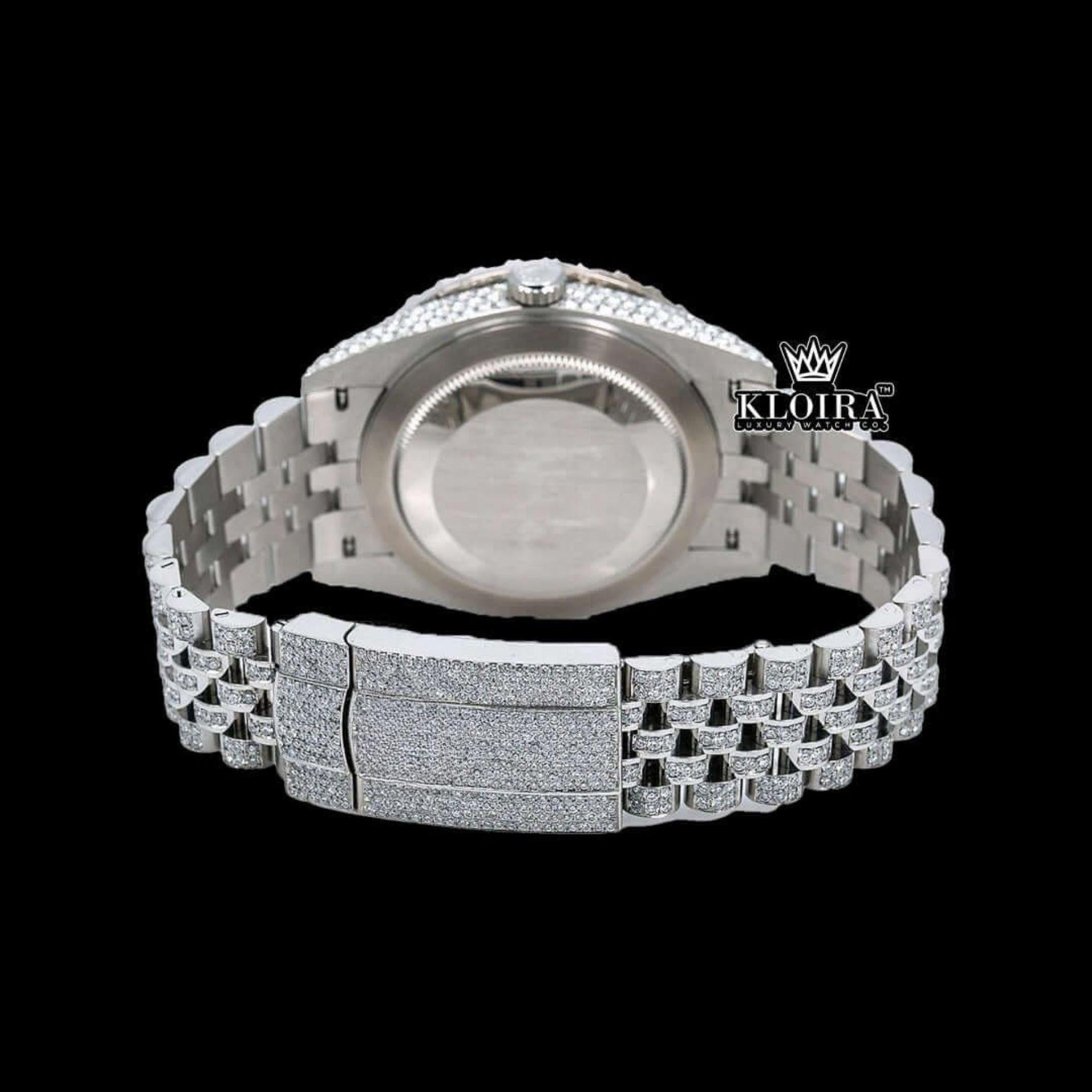 Iced Out White Dial Blue Arabic Numerals Moissanite Diamond Watch Caseback View