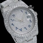 Iced Out White Dial Blue Arabic Numerals Moissanite Diamond Watch Close Up Dial View