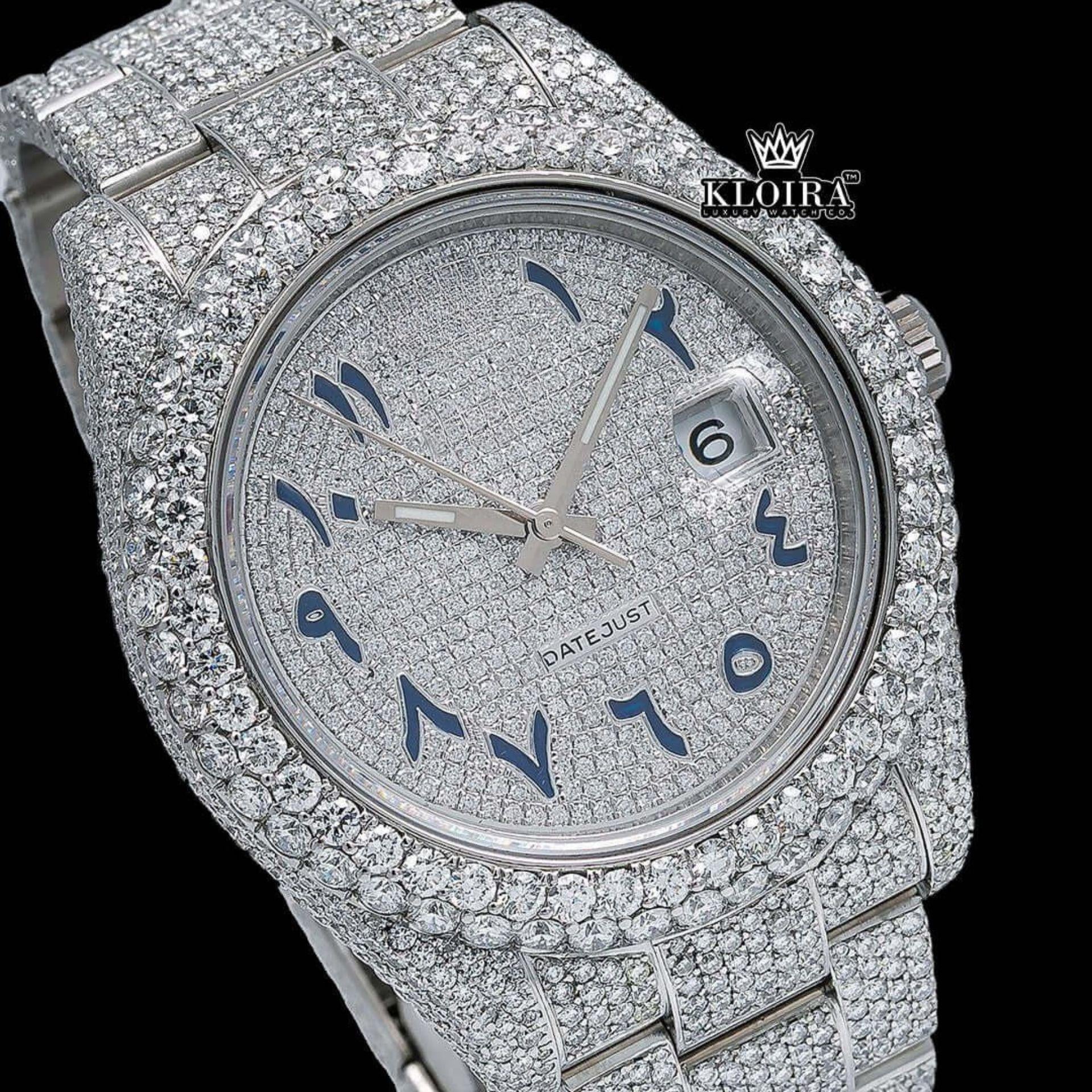 Iced Out White Dial Blue Arabic Numerals Moissanite Diamond Watch Close Up Dial View