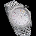 Iced Out White Dial Rainbow Stick Markers Moissanite Diamond Watch Close Up Dial View