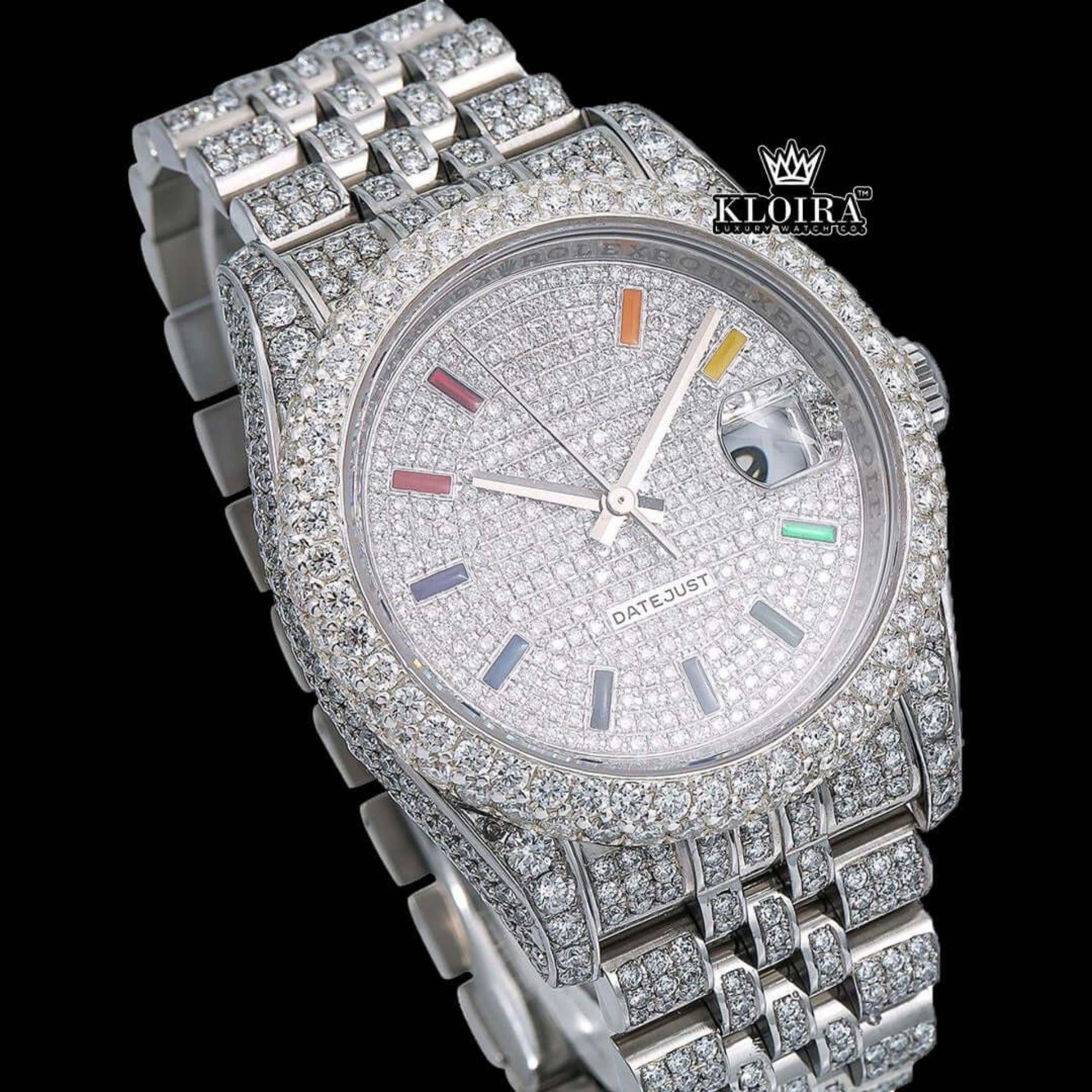 Iced Out White Dial Rainbow Stick Markers Moissanite Diamond Watch Close Up Dial View