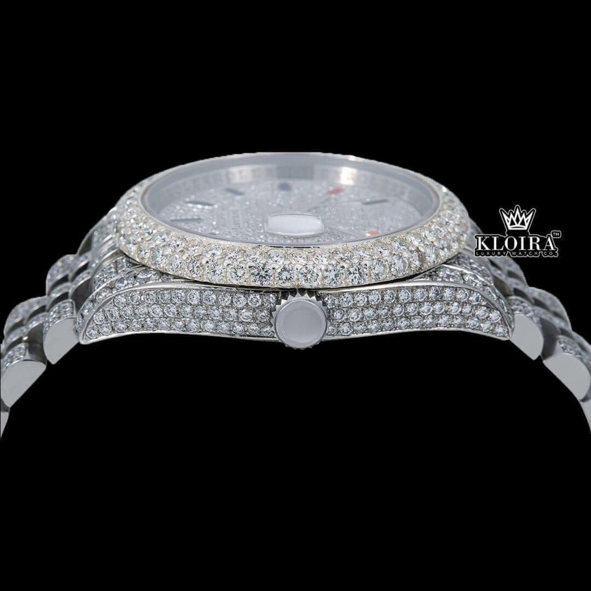 Iced Out White Dial Rainbow Stick Markers Moissanite Diamond Watch Crown View