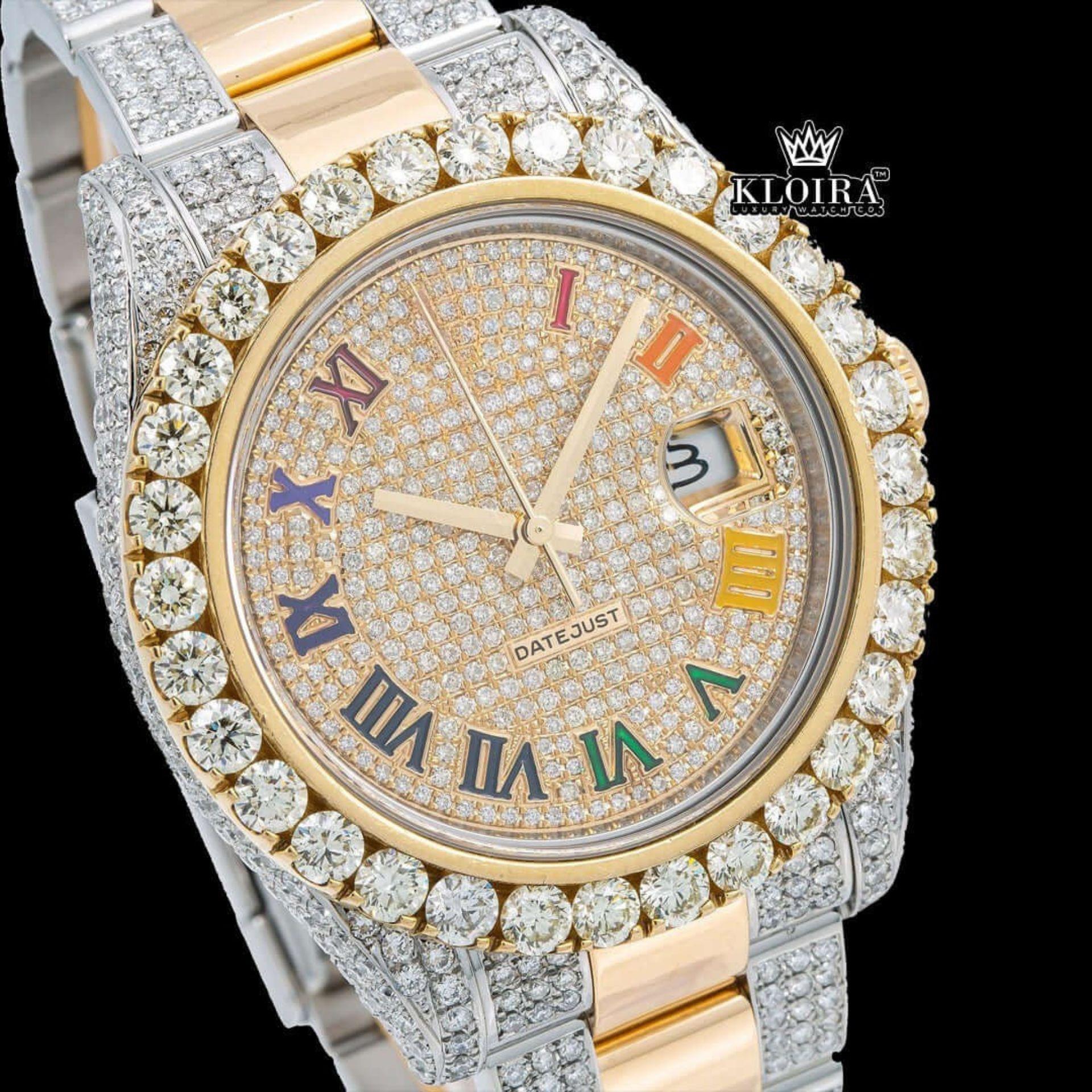 Iced Out Yellow Dial Rainbow Roman Numerals Two Tone Moissanite Watch Close Up Dial View