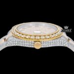 Iced Out Yellow Dial Rainbow Roman Numerals Two Tone Moissanite Watch Crown View
