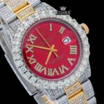 Iced Out Yellow Roman Numerals Two Tone Red Dial Watch Moissanite Watch Close Up Dial View