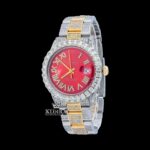 Iced Out Yellow Roman Numerals Two Tone Red Dial Watch Moissanite Watch